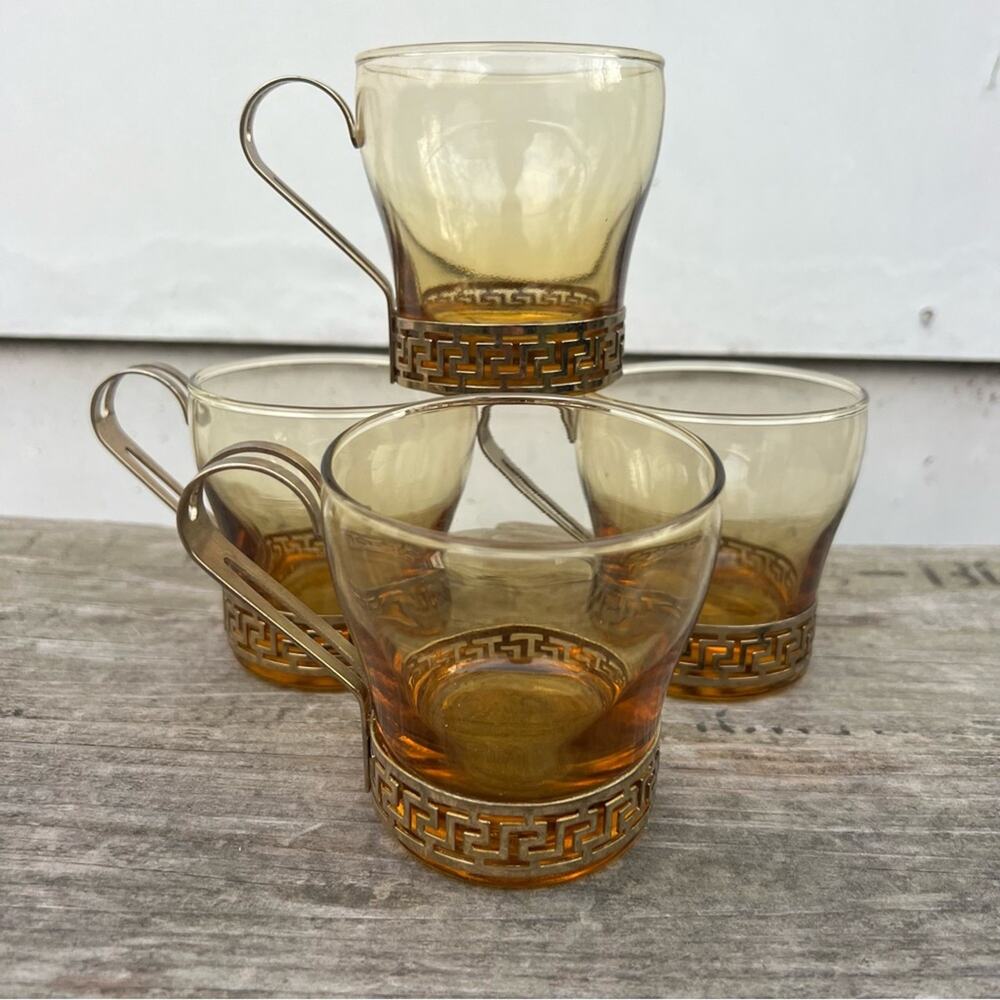 Libbey MCM Greek Key Punch Brass Holder Amber Glass Tiki Glasses Cups Set of 4